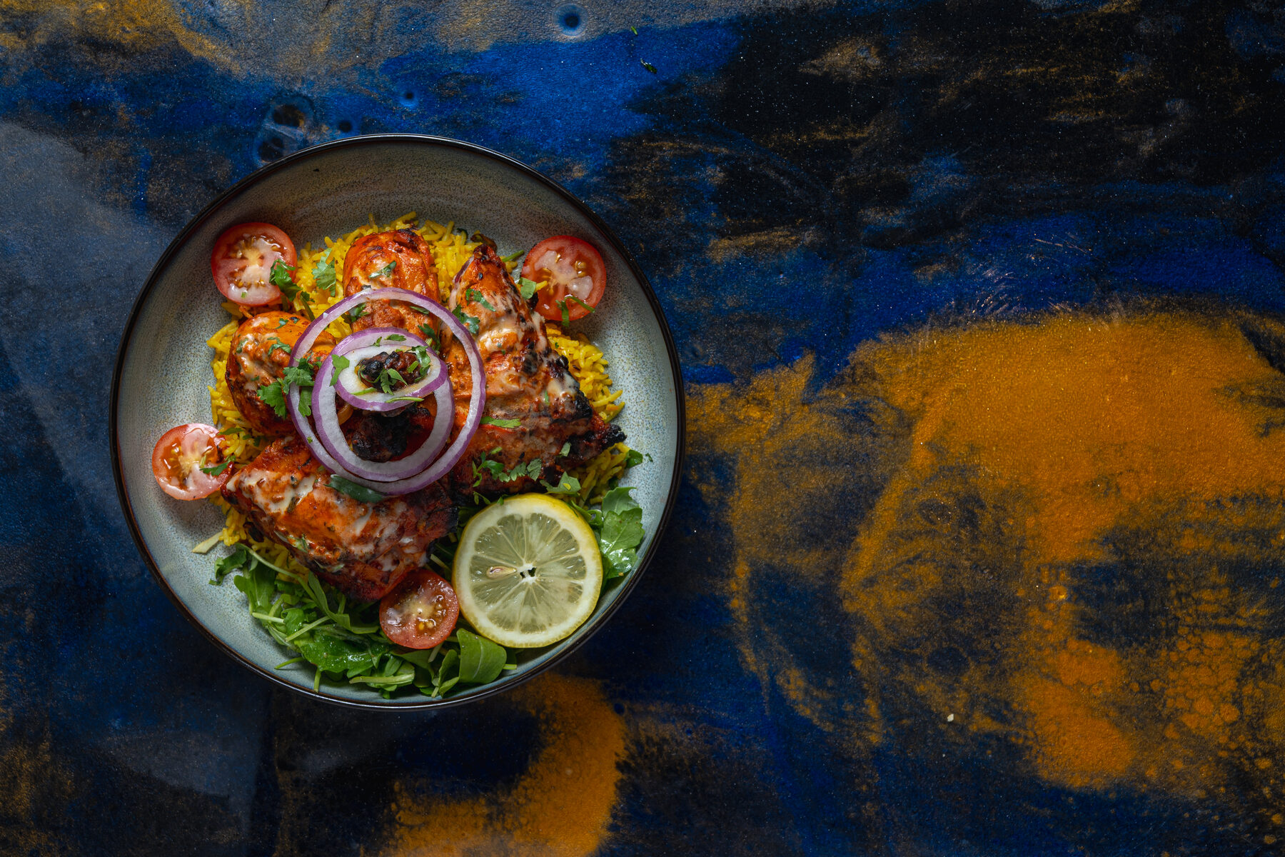 Food photographer Charlotte NC | tandoori chicken over saffron rice, Taj House